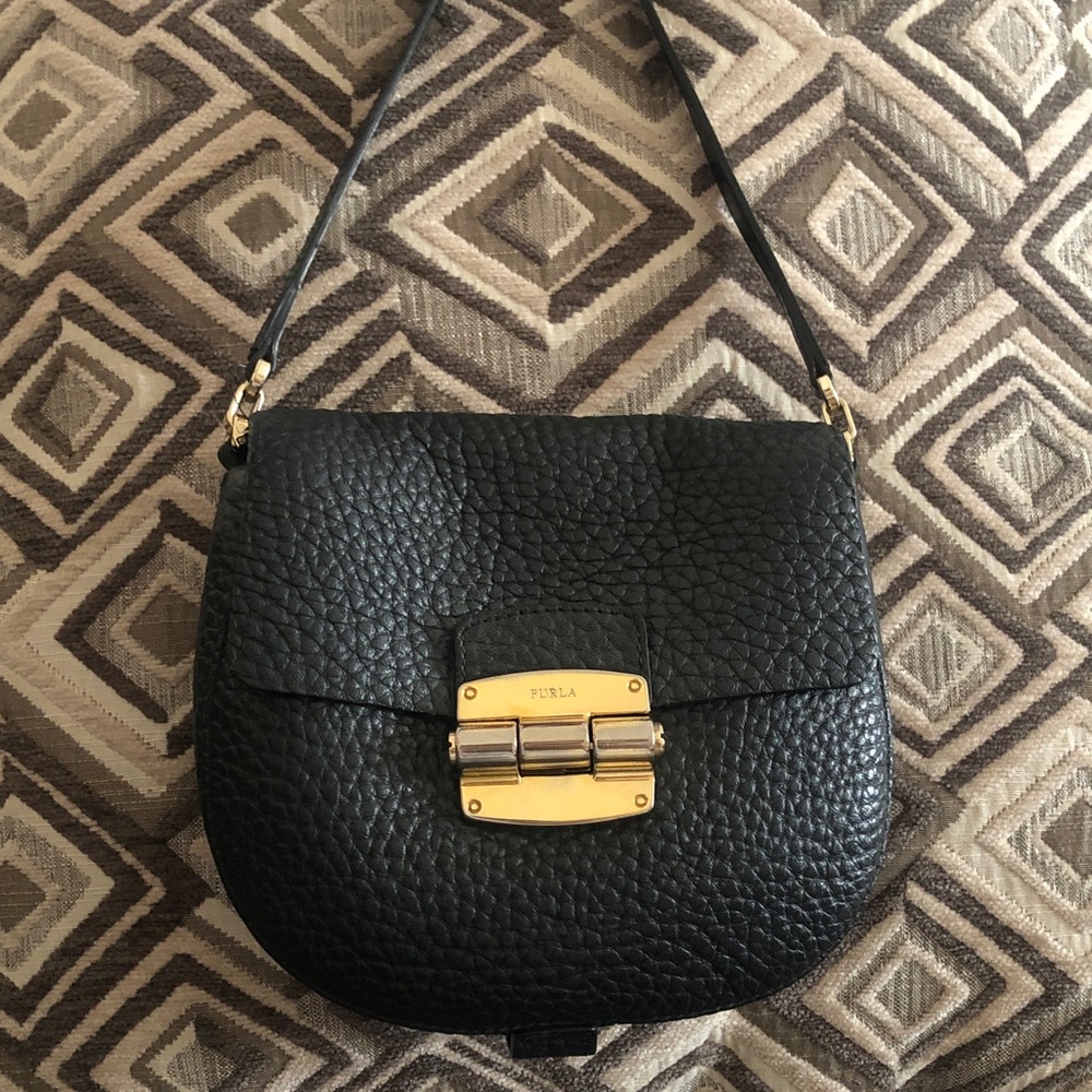 Furla Pebbled Black Crossbody Bag with Gold Hardware